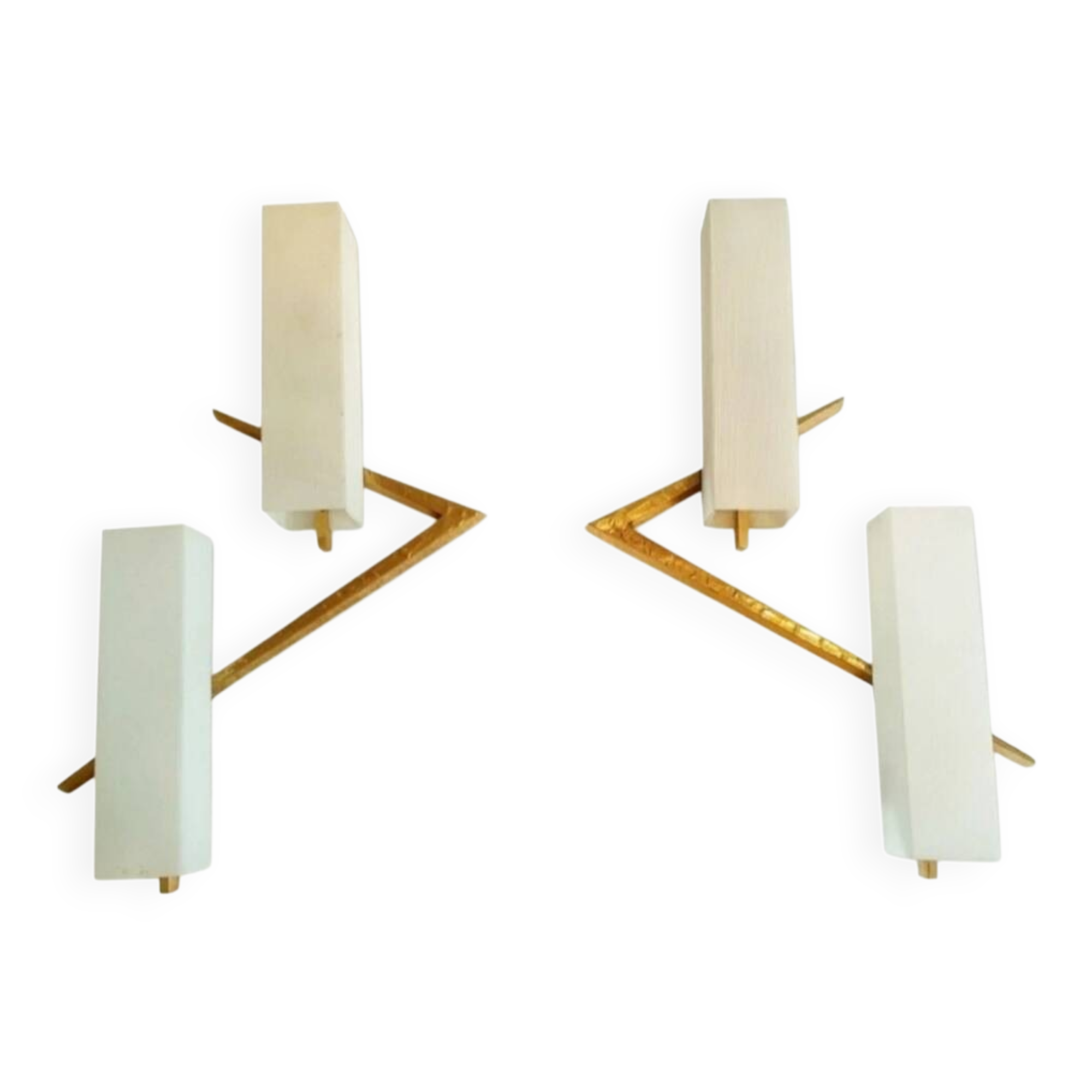Arlus pair of wall sconces in gilt bronze and opaline glass, 1950
