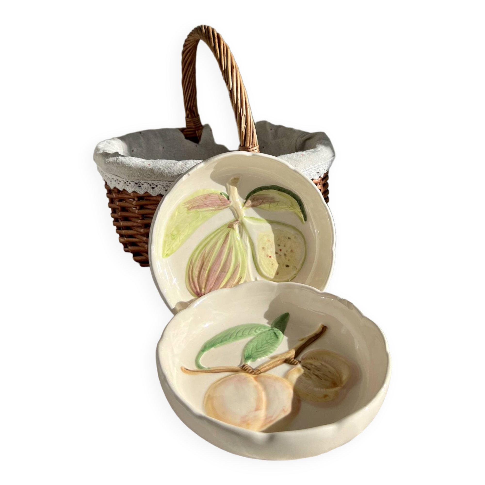 Pair of vintage hollow dessert plates in hand-painted slip, peach and fig fruit pattern