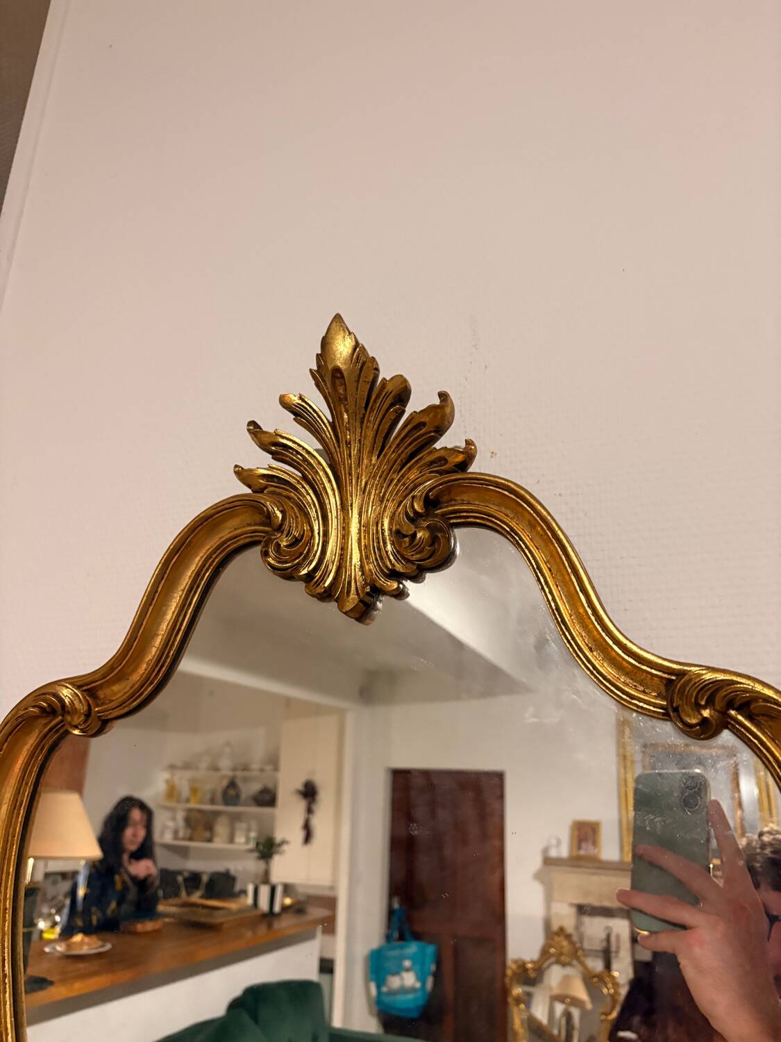 Antique Oval Wall Mirror Gold Leaf Wood Louis XV Style Pediment