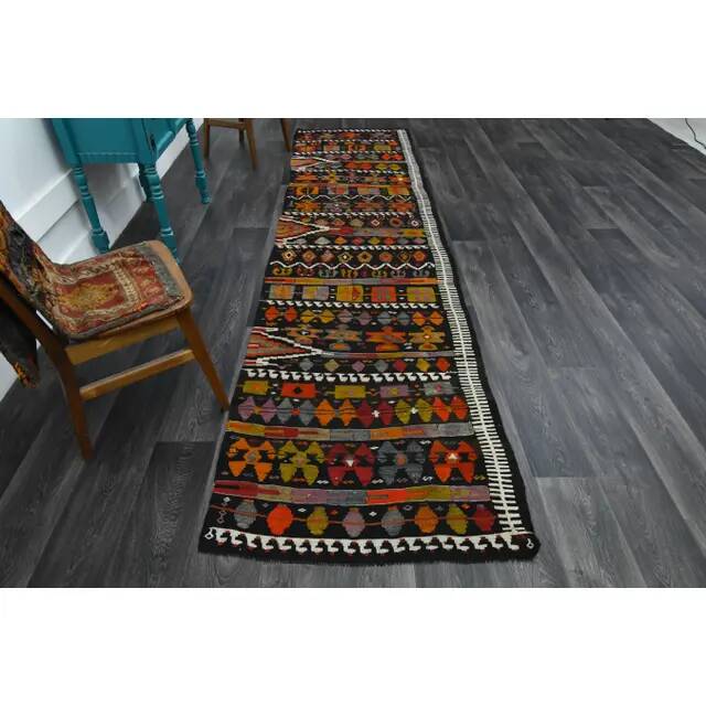 1970s Vintage Turkish Oushak Handmade Wool Cotton Brown Runner Rug 95x367