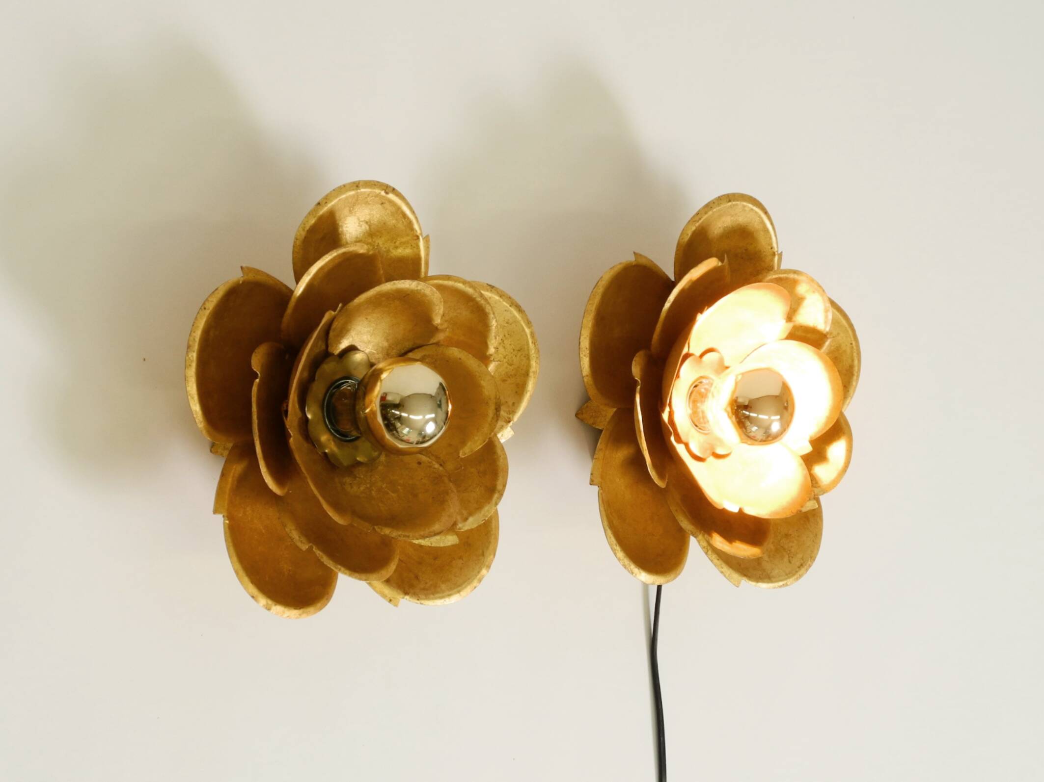 Two beautiful, large, gilt wall lamps, "Water Lily," Italy, 1960s