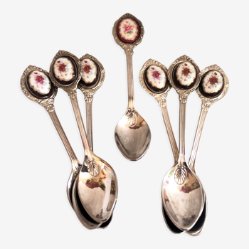 Lot de 7 petites cuillère à dessert ou café avec cabochon porcelaine