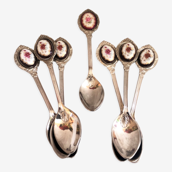 Set of 7 small dessert spoon or coffee with porcelain cabochon