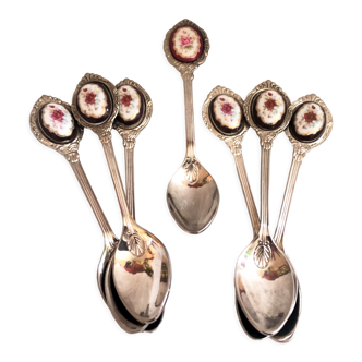 Set of 7 small dessert spoon or coffee with porcelain cabochon