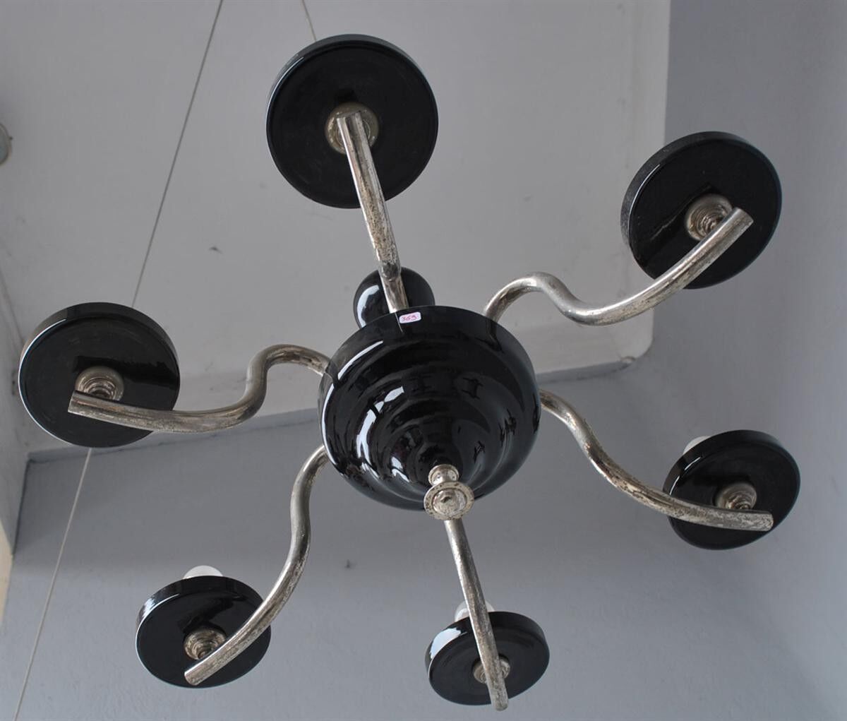 Chandelier 1930 tubular arms to 6 lights black opaline cups