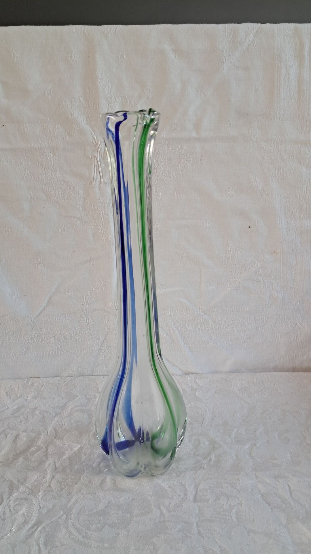 Vintage Murano glass filigree soliflore vase in blue and green.