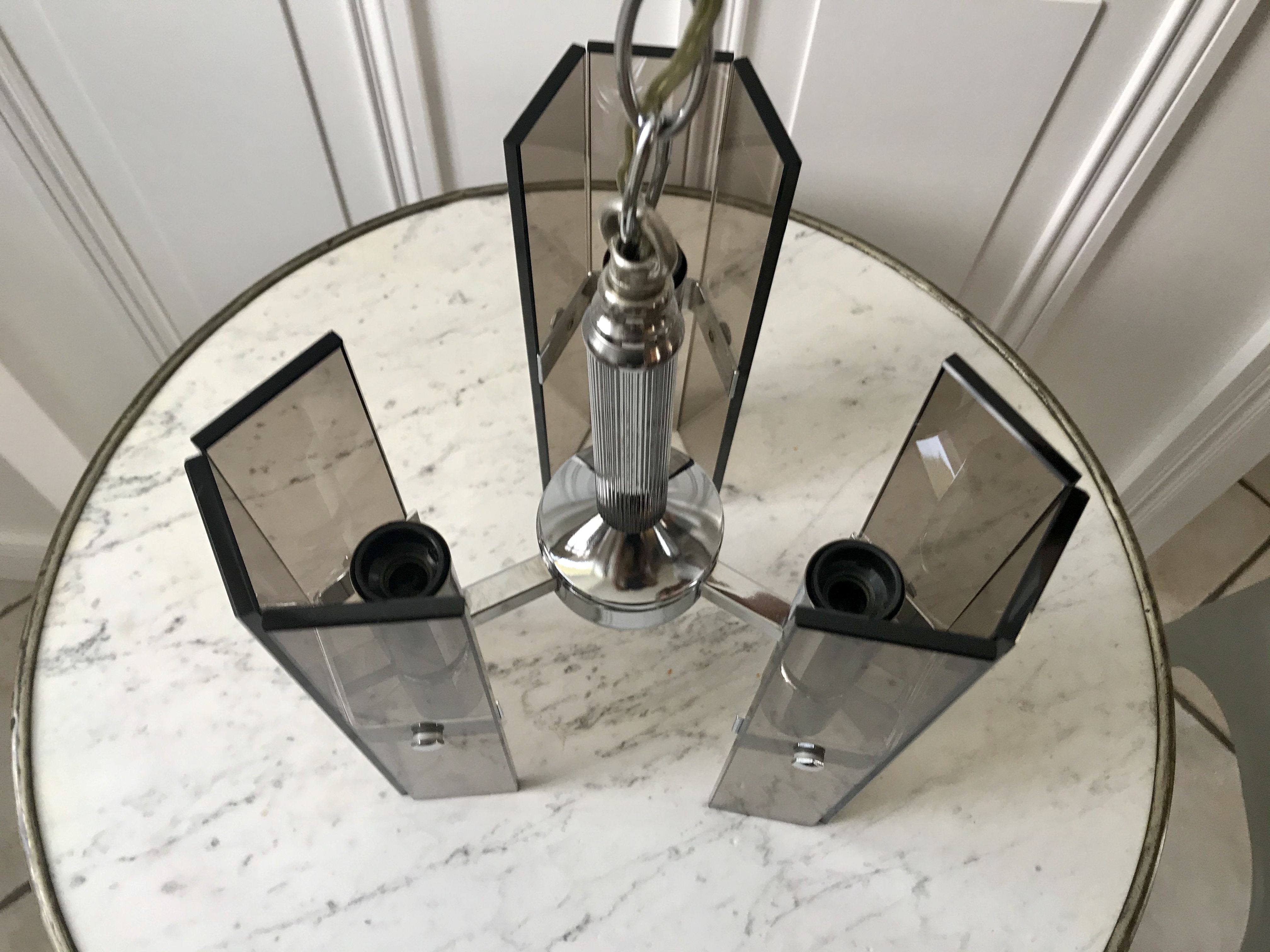 Chrome metal pendant lamp and smoked glass futuristic style 70s