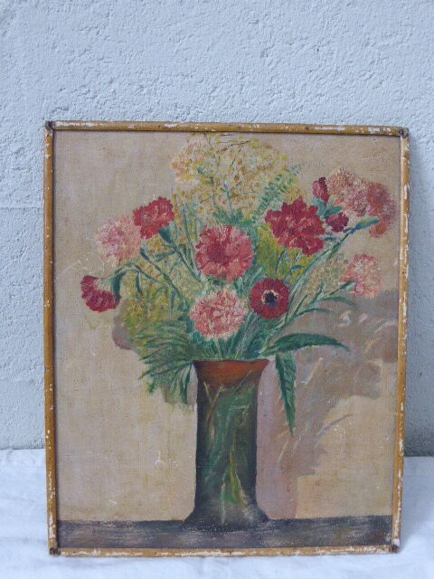 Table bouquet of flowers, painted on a piece of old wood