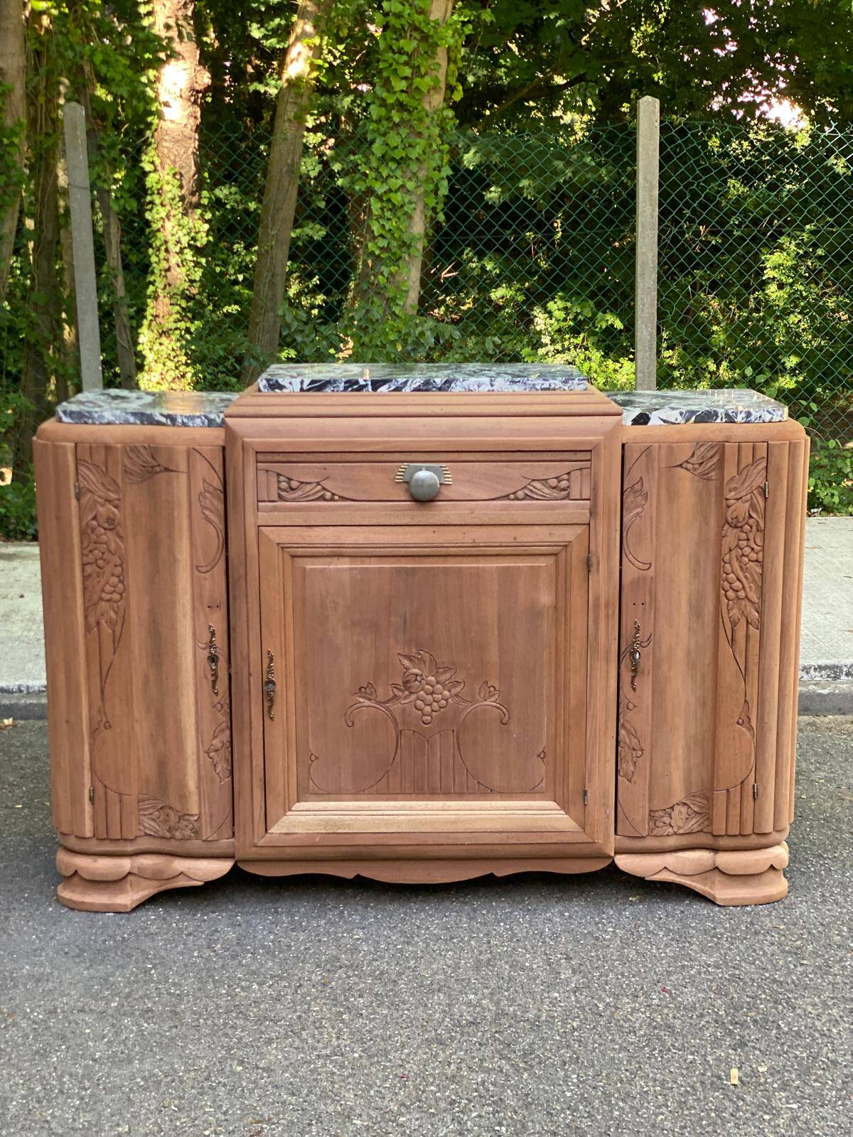 Art Deco sideboard renovated in solid walnut with Saint Laurent marble, 1930.