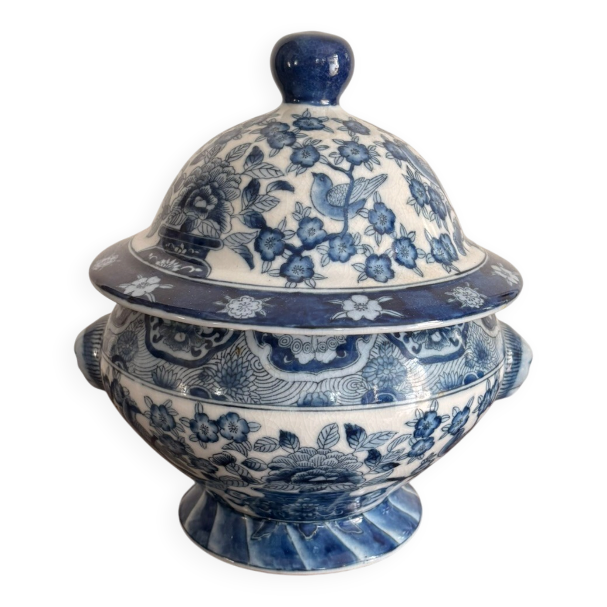 Antique Chinese Soup Tureen Porcelain Blue Bird Flower Decor Republic Period