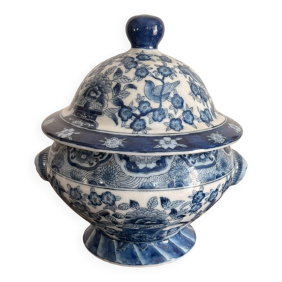 Ancien Soupière Chinoise Porcelaine Bleu Décor Oiseau Fleur Période Républi