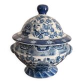 Antique Chinese Soup Tureen Porcelain Blue Bird Flower Decor Republic Period
