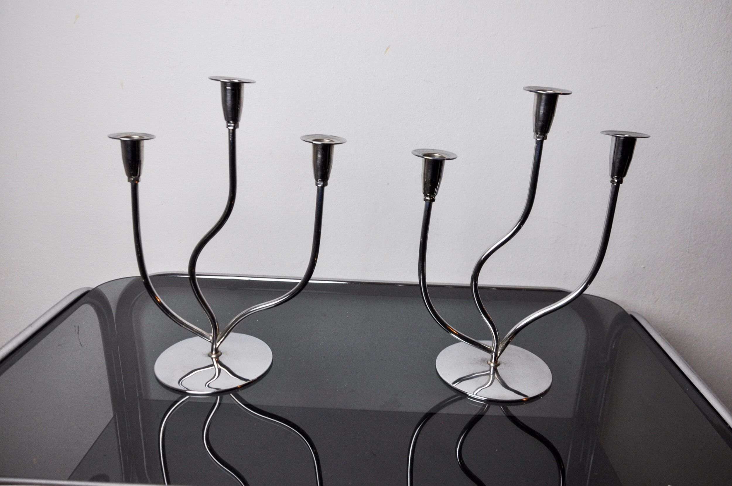 Pair of art deco candlesticks in stainless steel 3 flames, Spain, 1970