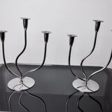 Pair of art deco candlesticks in stainless steel 3 flames, Spain, 1970