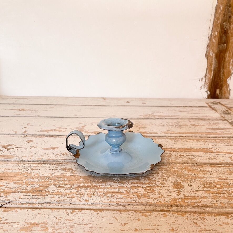 Blue enameled sheet metal candle holder