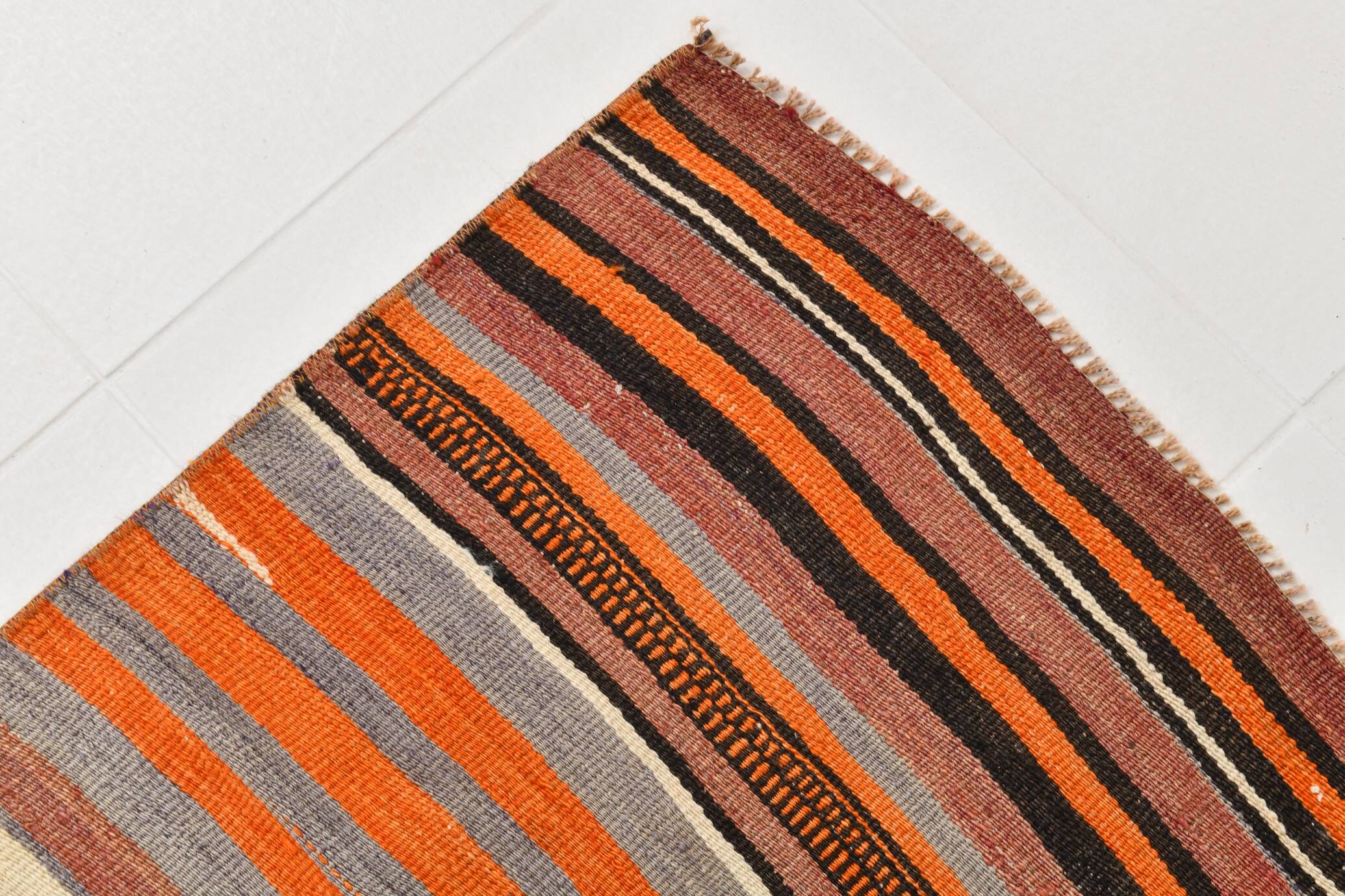 Orange Green Striped Pattern Vintage Runner Rug, 69x325Cm