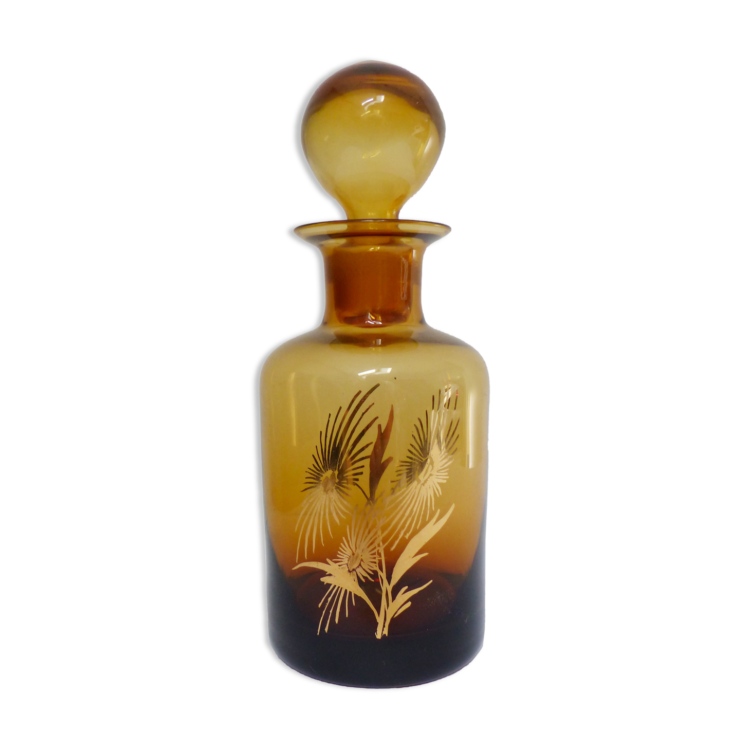 Decorated and signed perfume bottle, brown glass, painted "by hand Clary Paris"