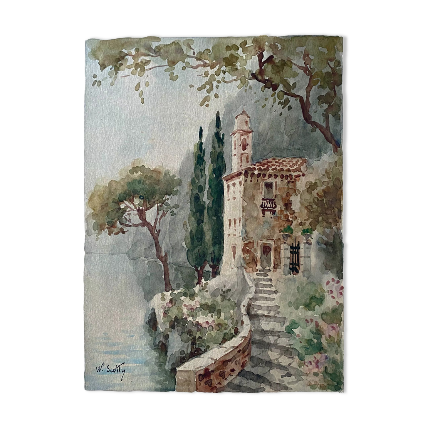 Watercolor painting "Monastery" Italy early XX ° by W. Scotty