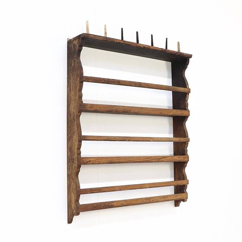 Antique Rustic Farmhouse Folk Art Kitchen Plate Rack / Schelves