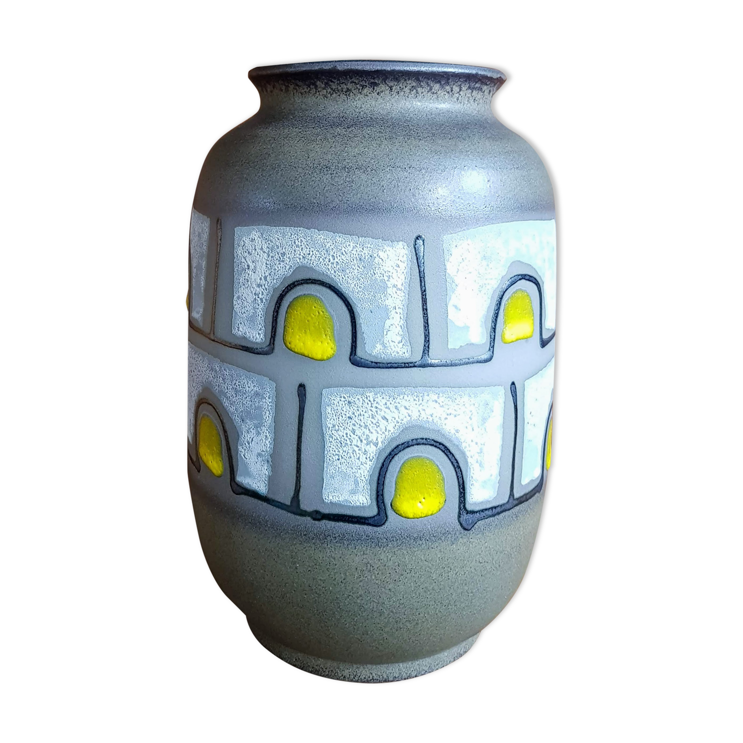 Vintage Ceramic Vase with White and Yellow Pattern - 1960s - Mid-Century Modern - Austria