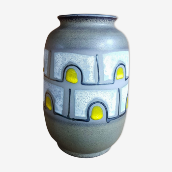 Vase en céramique vintage avec motif blanc et jaune - Années 1960 - Mid-Century Modern - Autriche