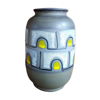 Vase en céramique vintage avec motif blanc et jaune - Années 1960 - Mid-Century Modern - Autriche