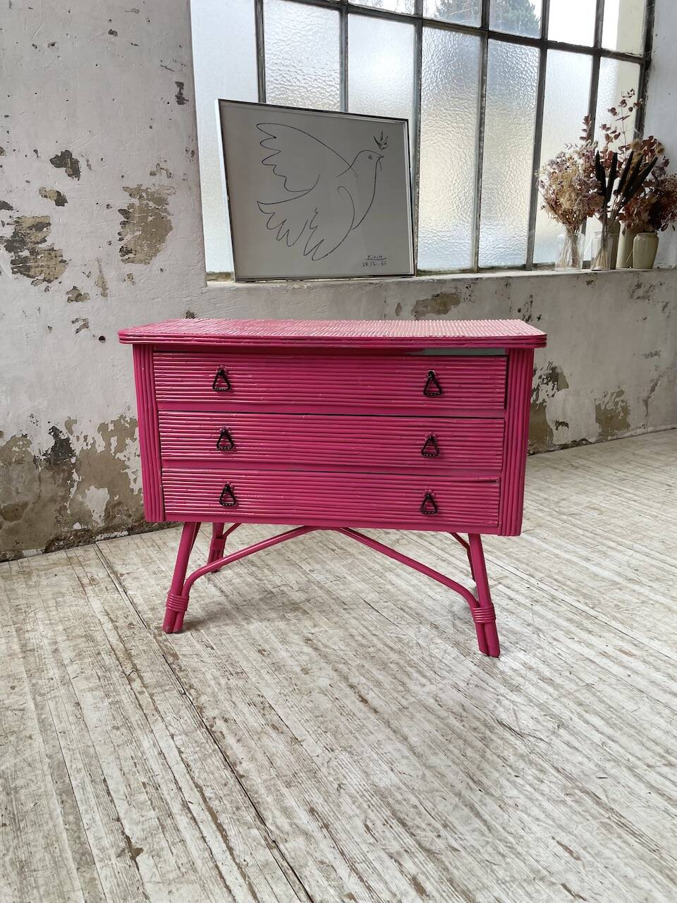 Vintage pink rattan chest of drawers