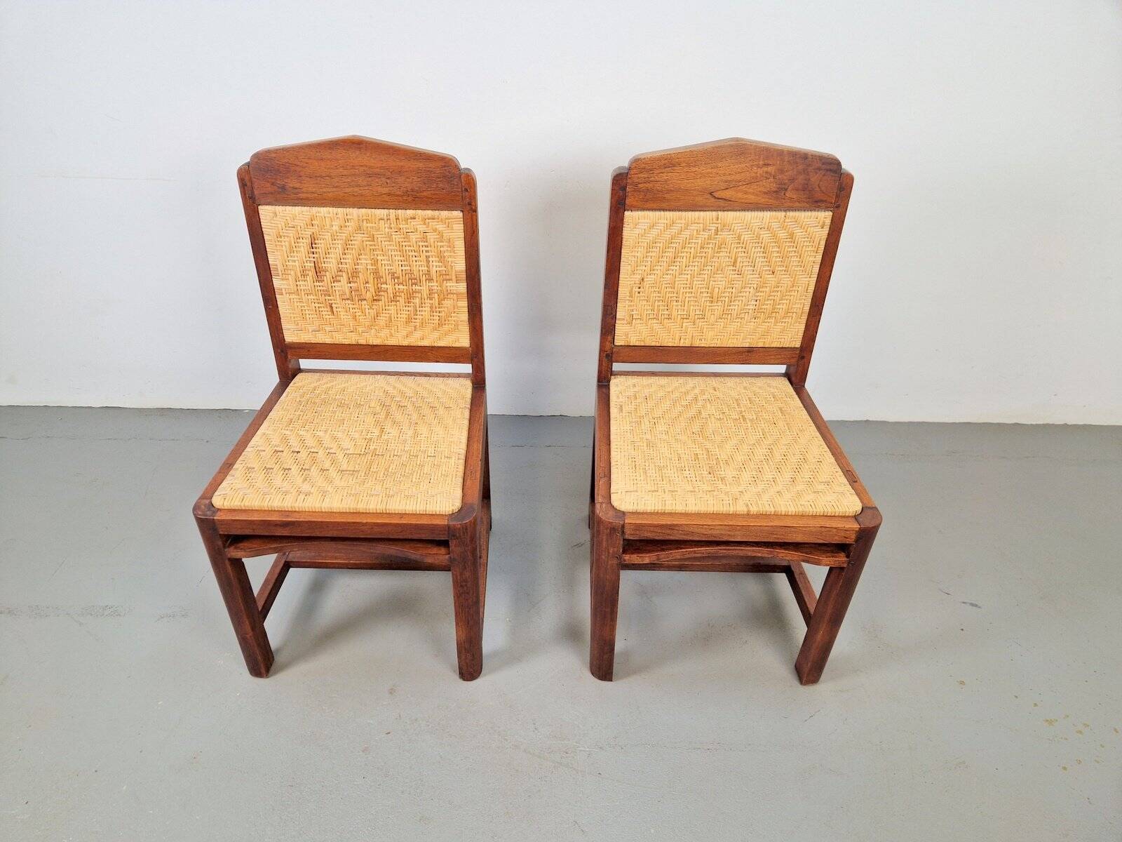 Dutch Art Deco Haagse School Oak and Rattan Webbing Chairs, 1930s, Set of 2