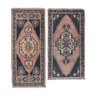 Muted Neutral Color Pair of Small Turkish Rug Floor Mats, Set of Two