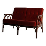 Red velour dark rattan 2-seater sofa | 1980s