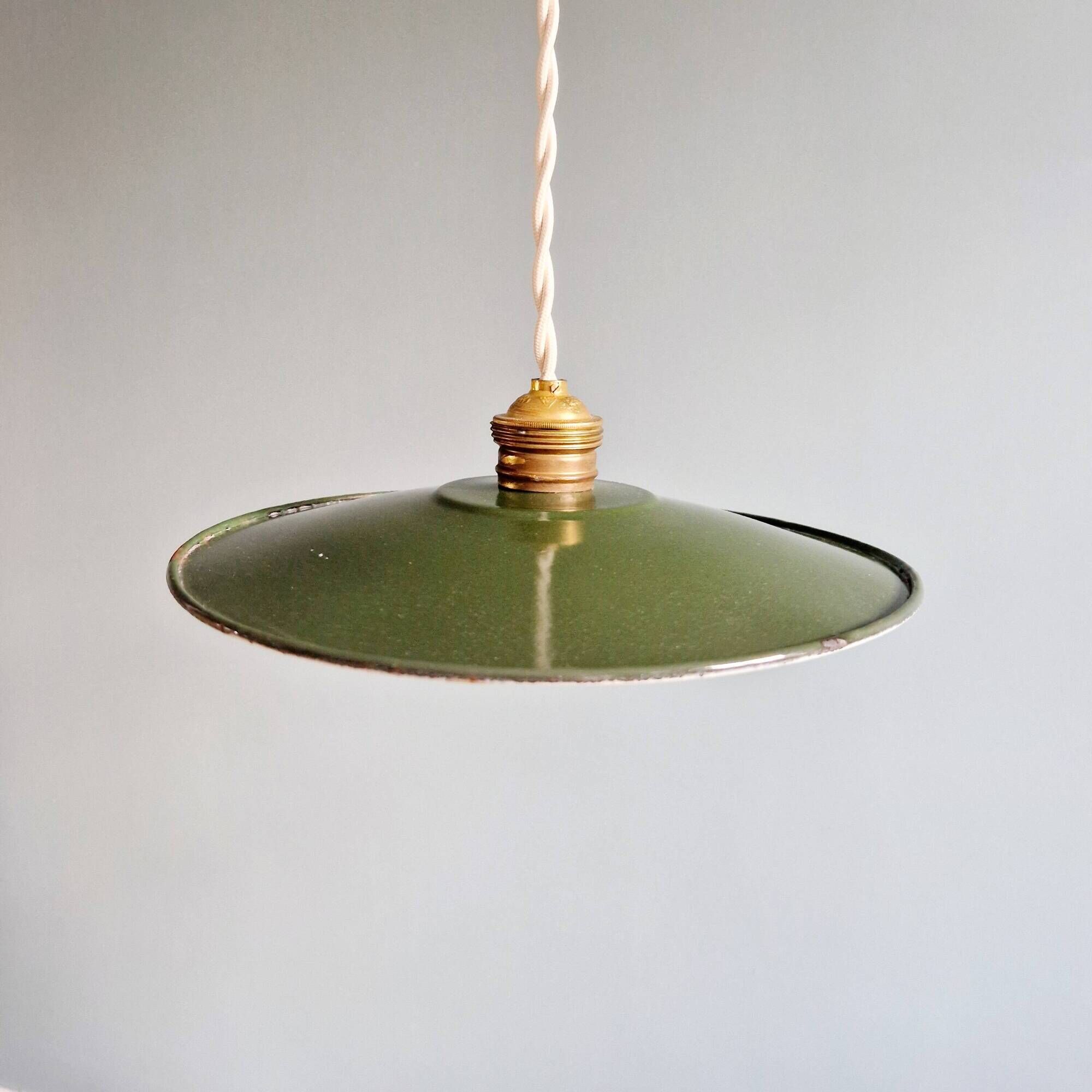 Pair of industrial pendant lights in green enamelled sheet metal