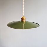 Pair of industrial pendant lights in green enamelled sheet metal