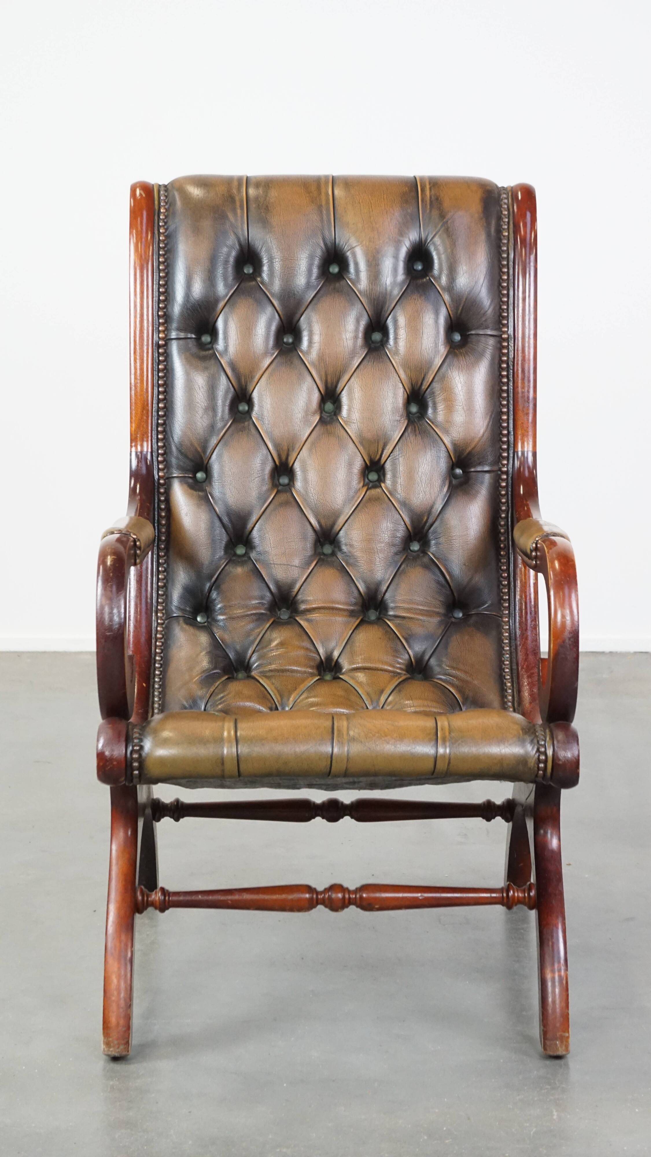 Green Vintage English Chesterfield Armchair with Wood Accents