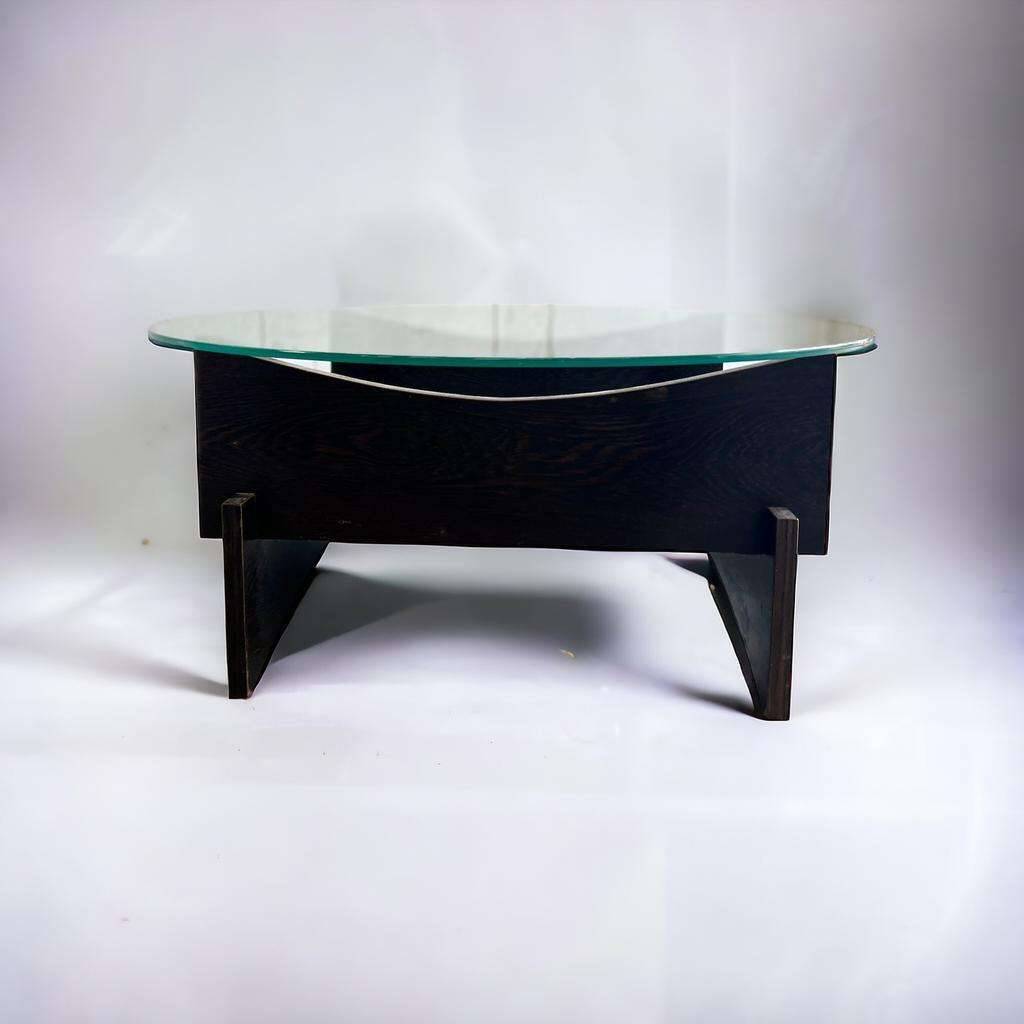 Vintage round coffee table with glass, wood and tiles