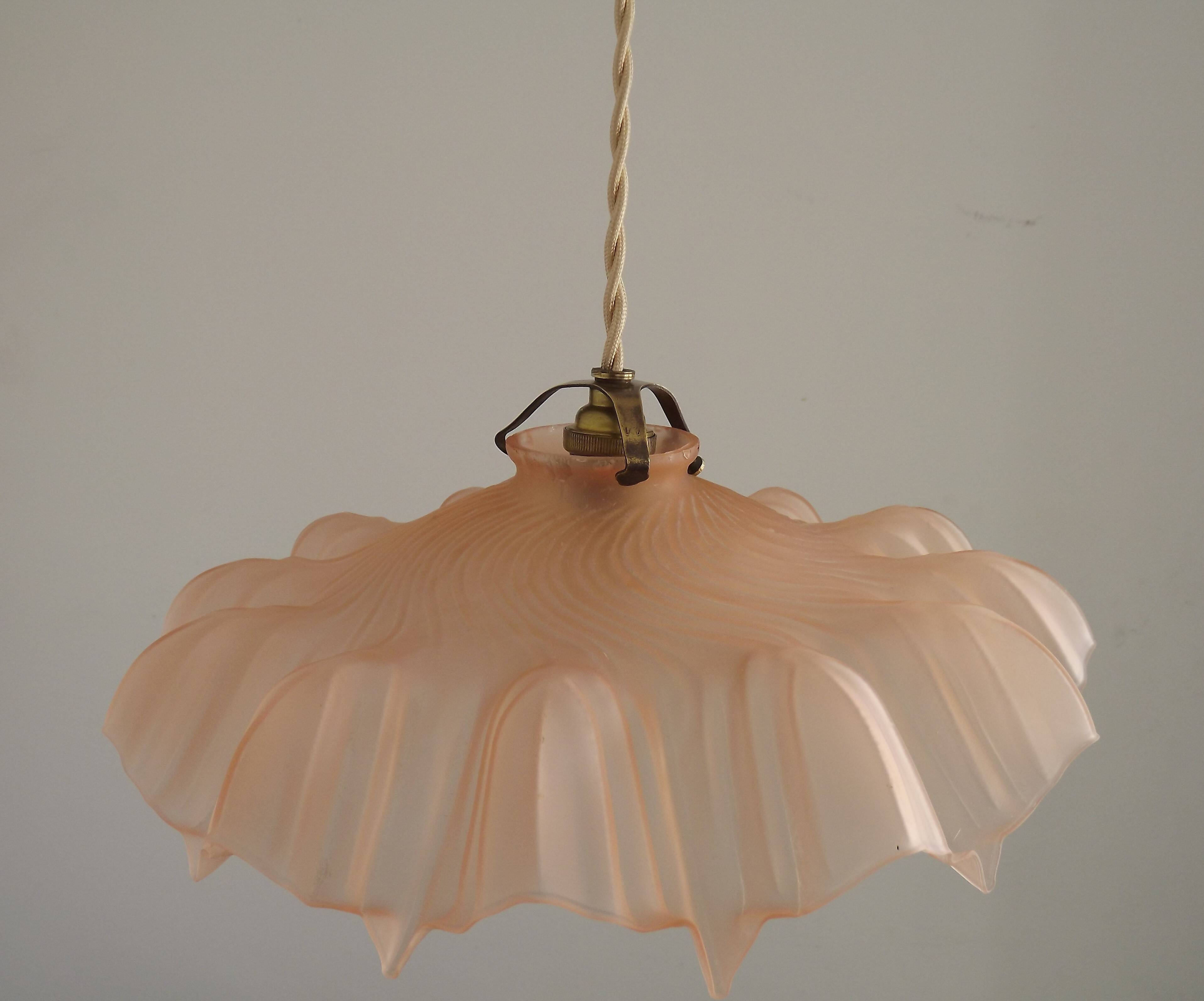 French Vintage 1930s Pink Frilled Glass Shade Hanging Light Brass Fittings