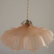French Vintage 1930s Pink Frilled Glass Shade Hanging Light Brass Fittings