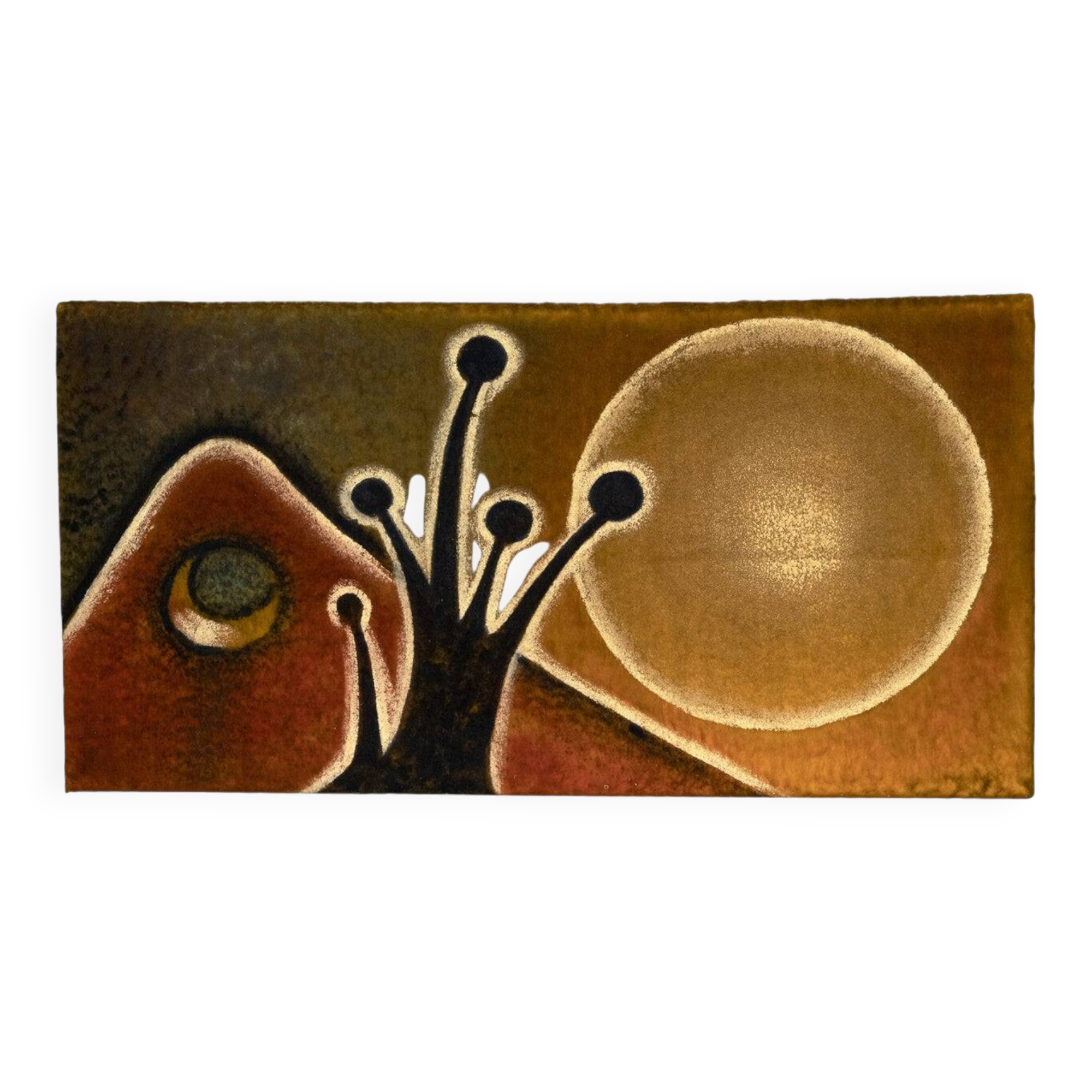 Paysage avec soleil et lune, peinture sur textile, années 1970