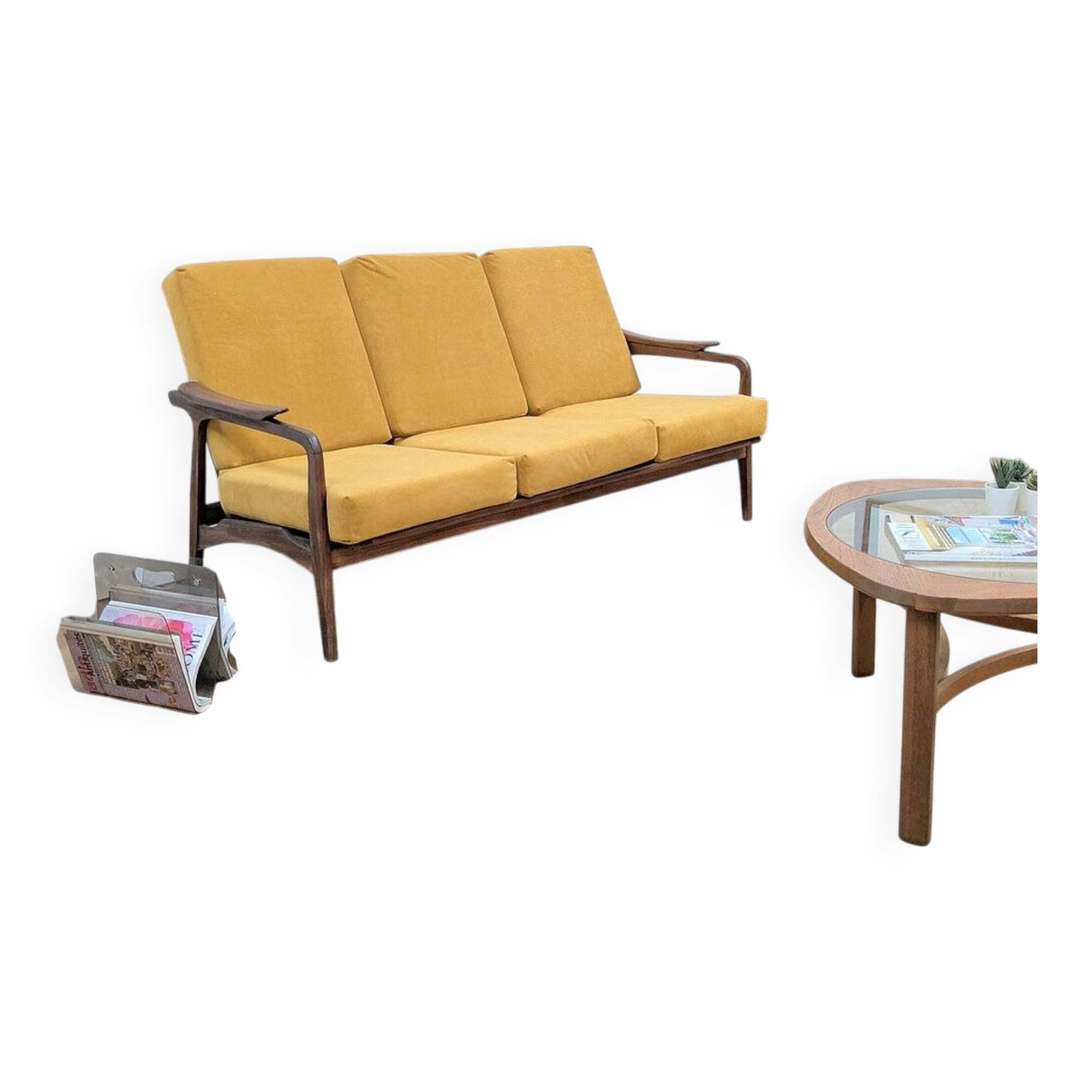 Second-hand Danish teak canapé, reupholstered in yellow, 1960s.