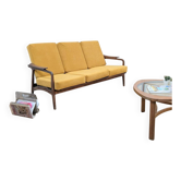 Second-hand Danish teak canapé, reupholstered in yellow, 1960s.