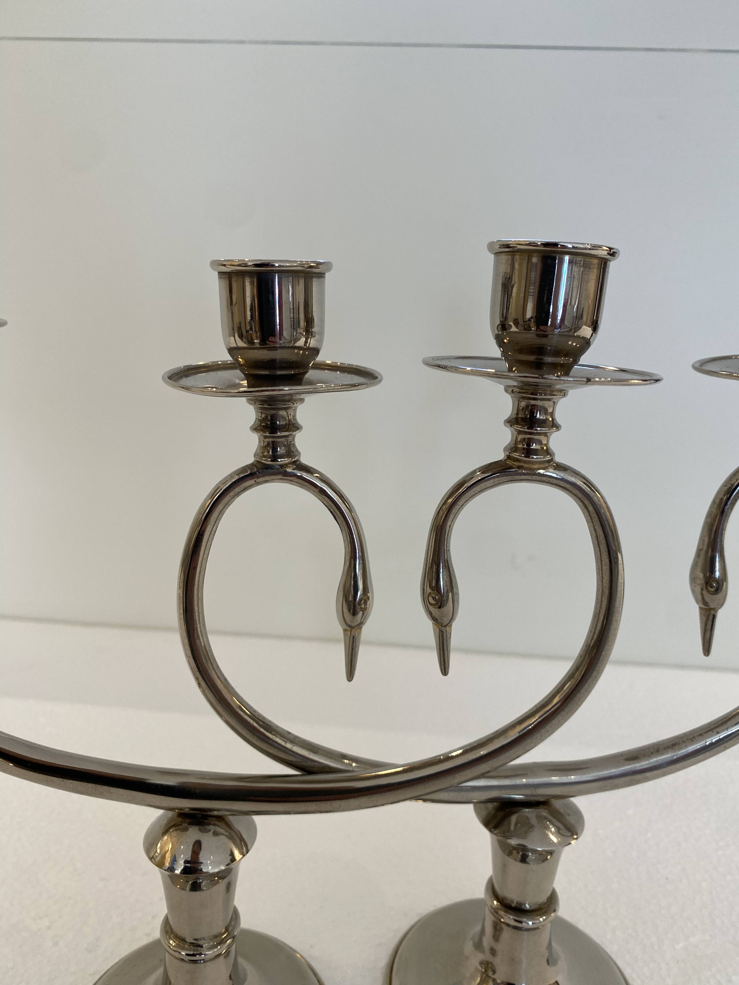 Silver Plated Pair Double Swan Candelabra Candleholders Sculptural 1970s
