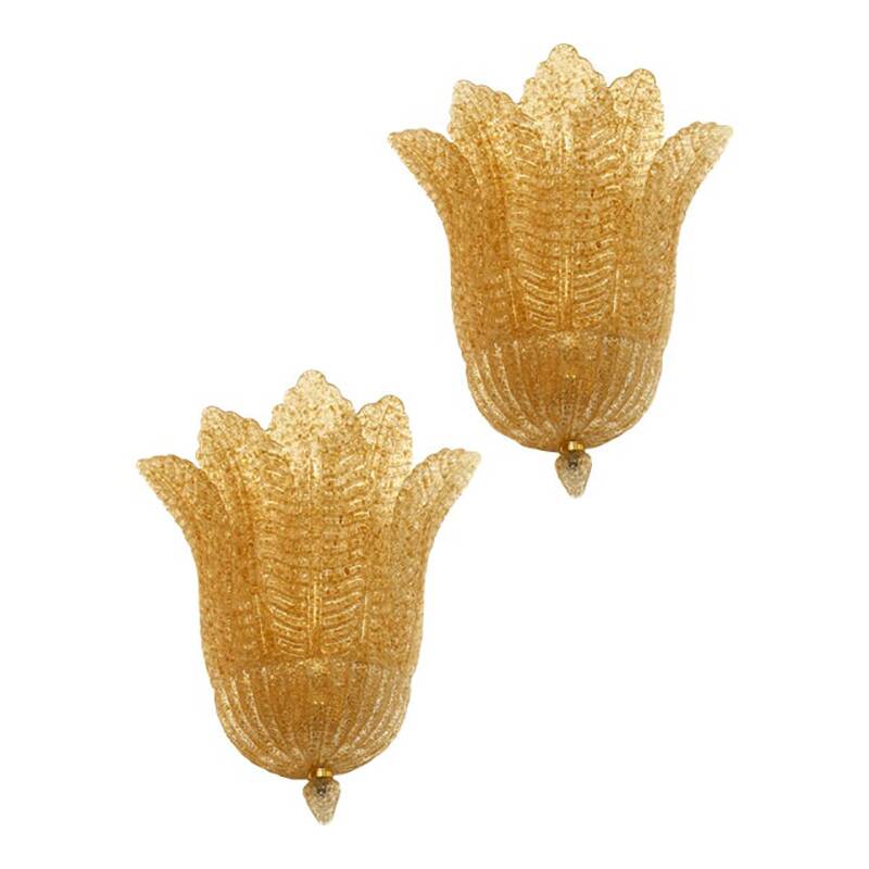 Set of Two Transparent and Gold Graniglia “Leaf” Murano Glass Wall Sconces