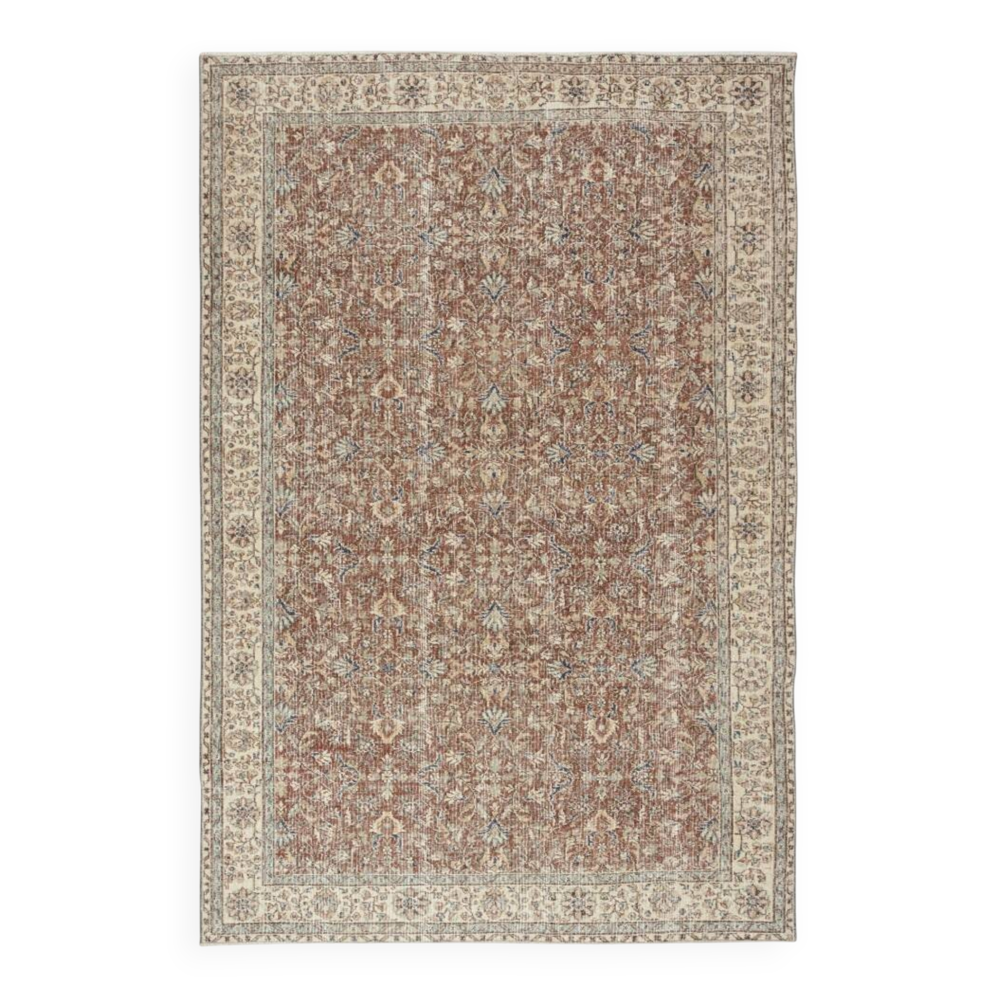 Vintage Handmade Turkish Red Wool Area Rug with Floral Design for Home and Office Decor