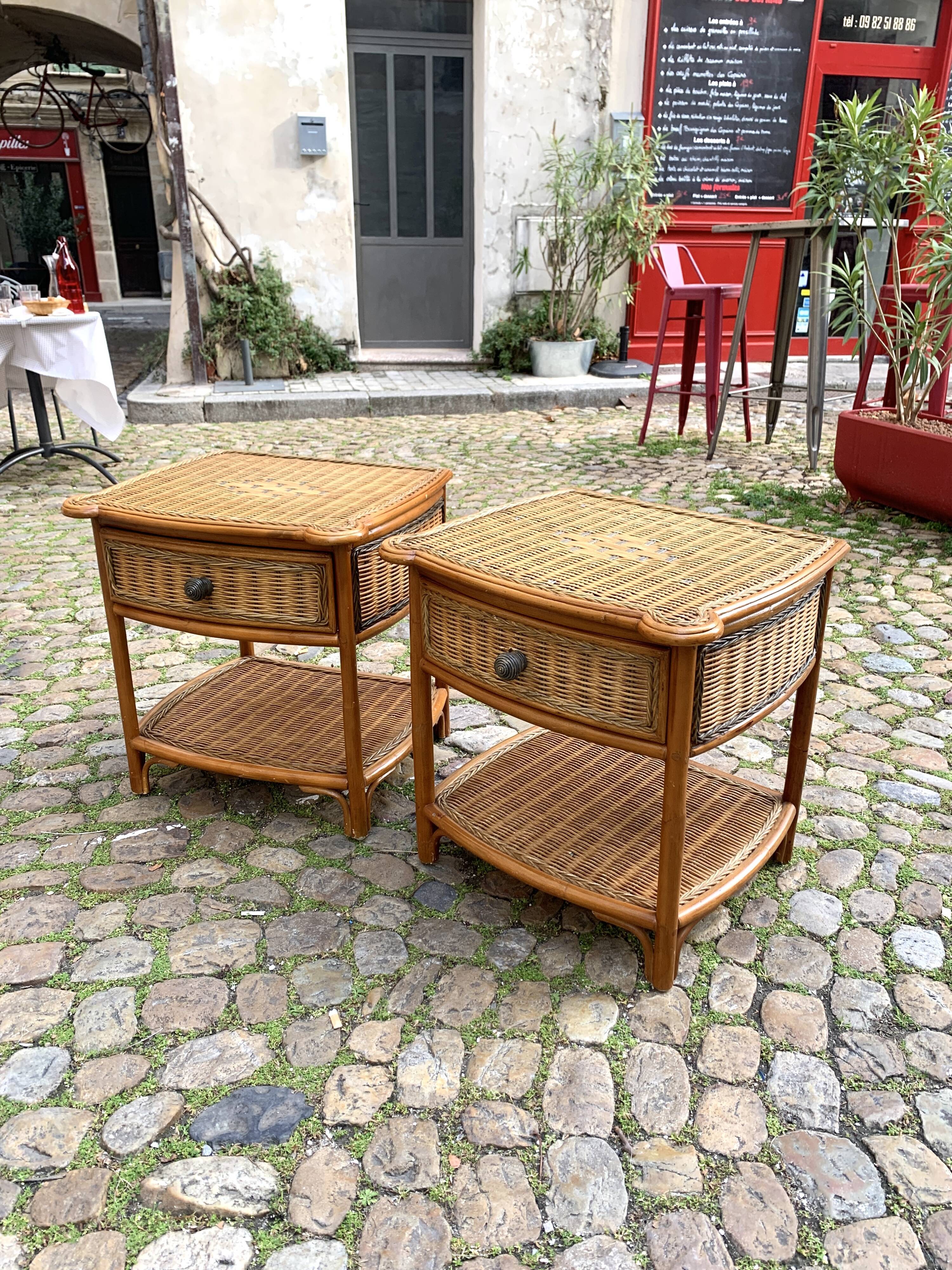 Set de 2 chevets vintage en rotin