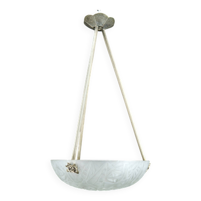 Lustre / Vasque par Noverdy, Monture en Bronze Argenté, Art Déco, c. 1930