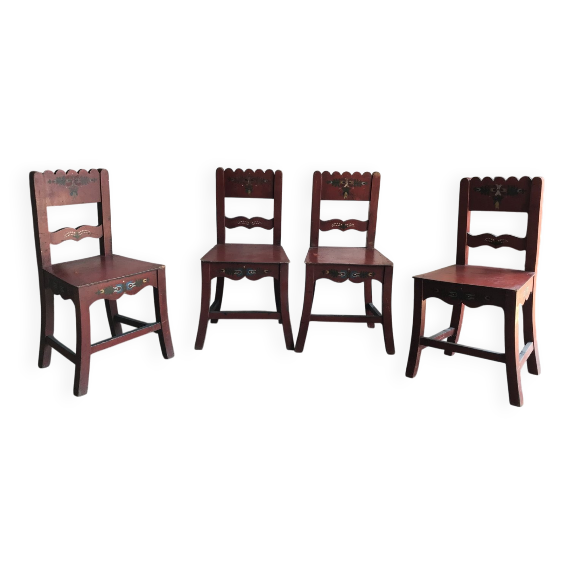 Lot de 4 chaises anciennes en bois peint marron pour salle à manger, décor floral peint main