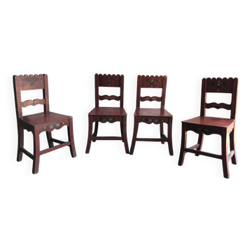 Set of 4 antique brown painted wooden chairs for dining room, with hand-painted floral decoration.