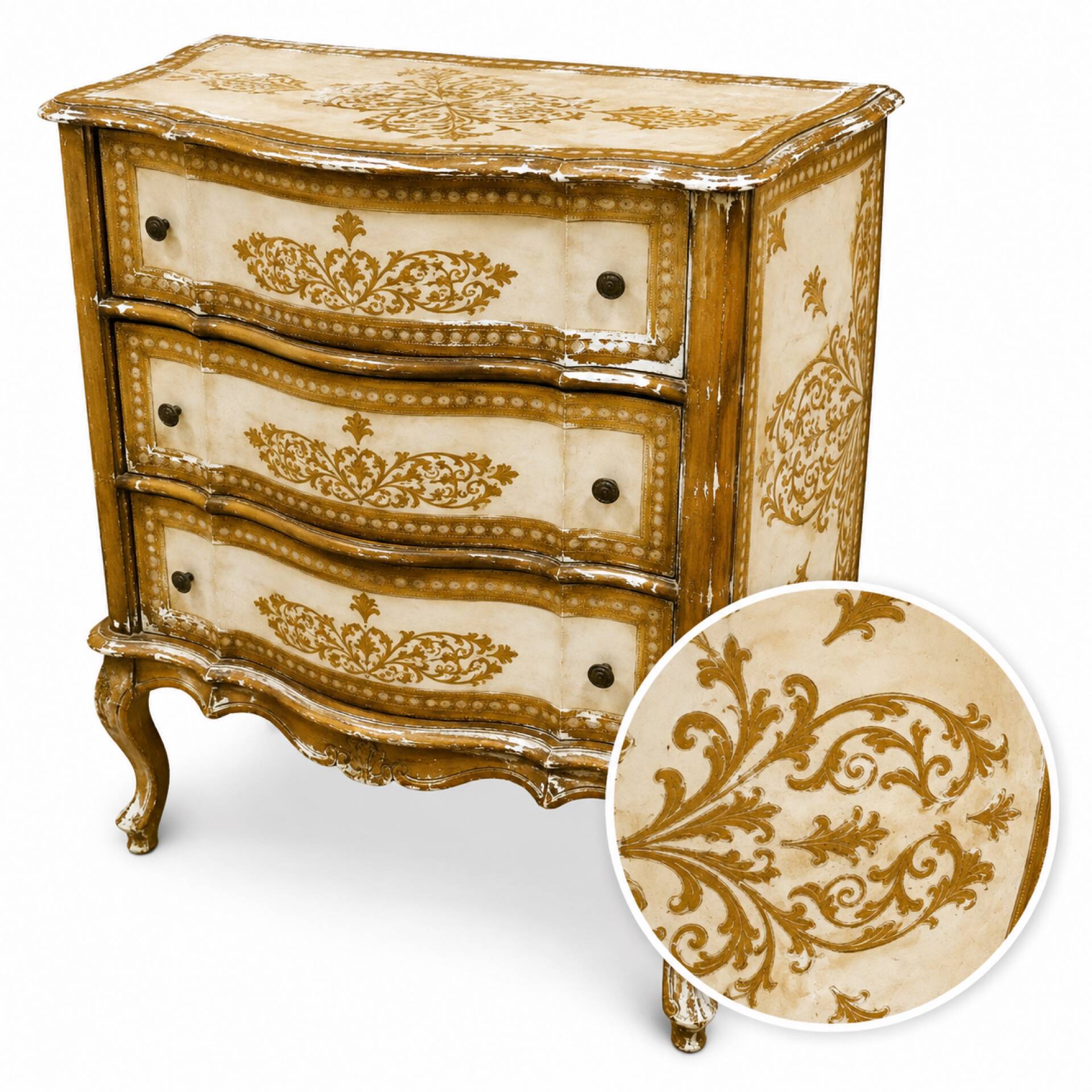 Commode Arbalète 3 tiroirs bois doré style Renaissance Italienne
