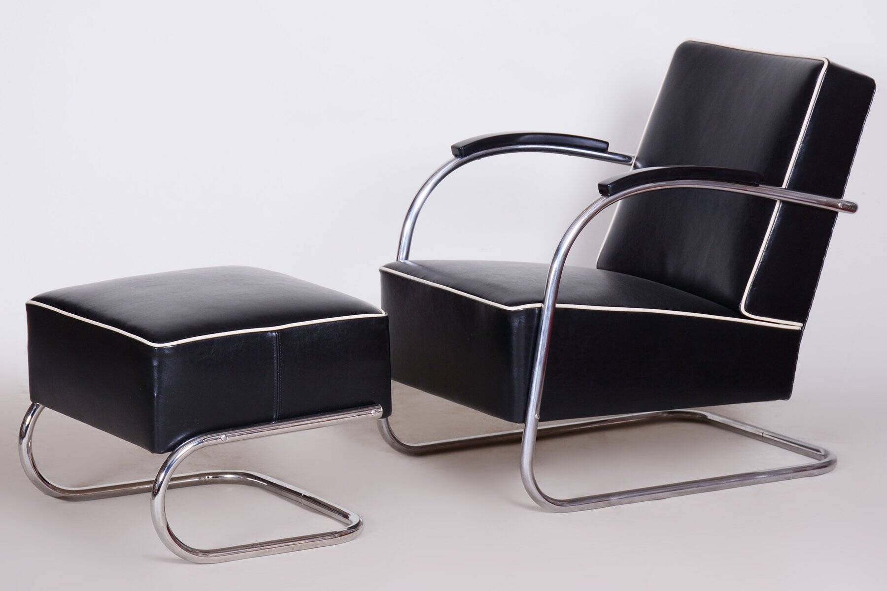 Bauhaus Armchair with Stool in Chrome attributed to Mücke-Melder, Czech, 1930s, Set of 2