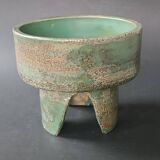 Footed dish in chamotte stoneware green with signature 1960