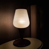 Vintage teak table lamp with 60s white glass lampshade